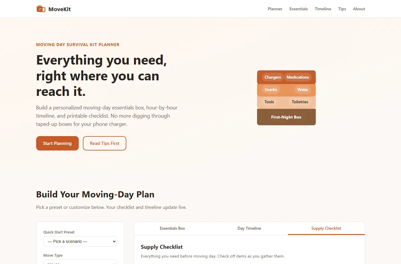 Screenshot of Moving Day Survival Kit Planner interface showing the project page in use